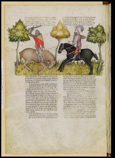 Ms Fr 343 fol.26vサーパーシバルズの馬がクエストデルサングラールから殺された、c.1380-85 作： Italian School