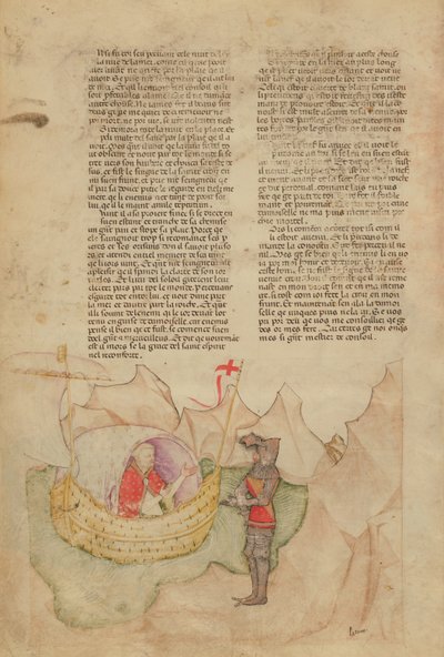 Ms Fr 343 fol.32v白船がクエストデルサングラールからパーシバルを救出に来る、c.1380-85 作： Italian School