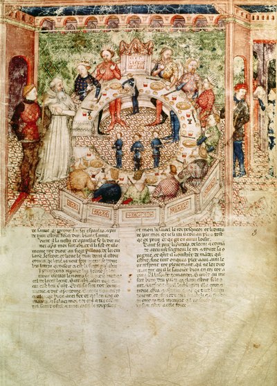 Ms Fr 343 fol.3サーガラハッドがクエストデルサングラールからc.1380-85から円卓に迎えられました 作： Italian School