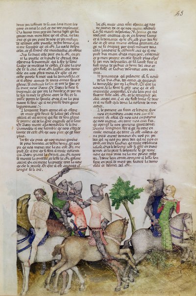 Ms Fr 343 fol.43円卓の騎士であるボース卿は、彼の兄弟ライオネルを救助するか、乙女を救うか、クエストデルサングラールからの選択を強いられます。 作： Italian School