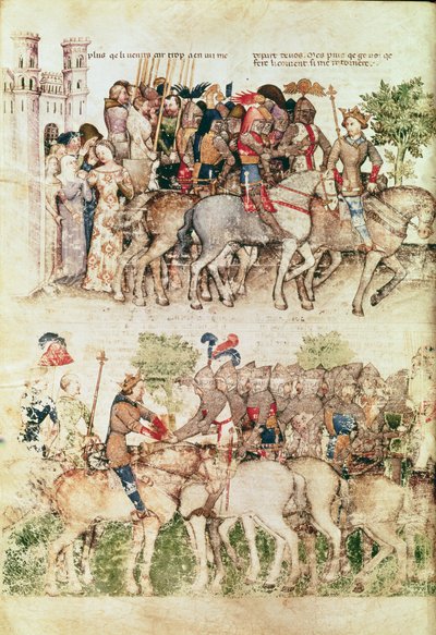 Ms Fr 343 fol.8vアーサーと彼の騎士は聖杯の探求に出発しました、クエストデルサングラール、c.1380-85から 作： Italian School