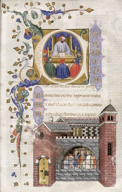 MSファーガソン374 f.4r刑務所にいる学生たちとの哲学、コメンロとのトピチ派、1385年 作： Italian School