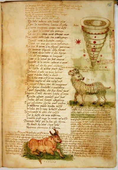 Ms Ital 483 P.4.7 f.156v 牡羊座と牡牛座、Fazio degli Uberti (vellum) の「Dittamondo」より 作： Italian School