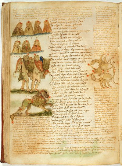 Ms Ital 483 P.4.7 f.156v Fazio degli Uberti (vellum) の「Dittamondo」からのジェミニ、レオ、ガン 作： Italian School