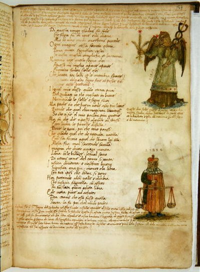 Ms Ital 483 P.4.7 f.157r 乙女座とてんびん座、Fazio degli Uberti (vellum) の「Dittamondo」より 作： Italian School