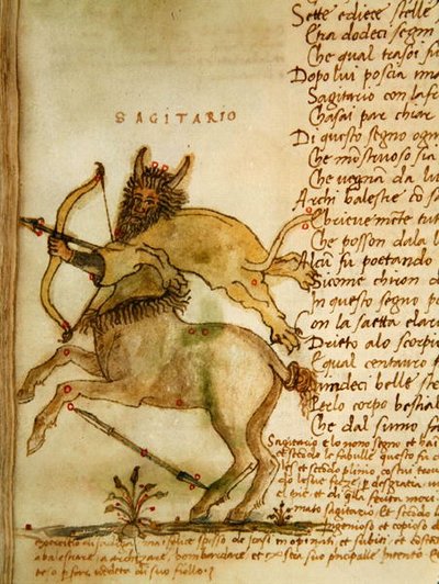 Ms Ital 483 P.4.7 f.157v 射手座、Fazio degli Uberti (vellum) の「Dittamondo」より 作： Italian School
