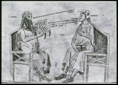 Ms Lat 6823 fol.2 Averroes（1126-98）と斑岩（c.232-c.305）との会話（ペンとインク、紙で洗う） 作： Italian School