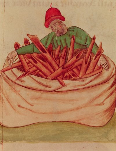 Ms Lat 993 L.9.28 Fol.36v シナモンの商人、「Tractatus de Herbis」より Dioscorides (vellum) 作： Italian School