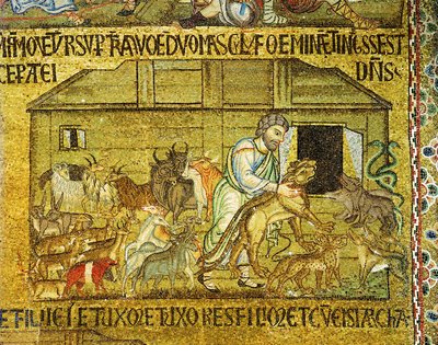 箱舟に入る動物たちを助けるノア...（モザイク画） 作： Italian School