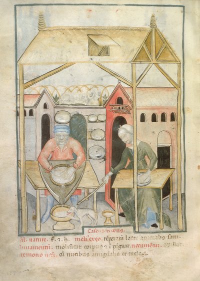 Nouy Acq Lat 1673 fol.58vチーズの準備、Tacuinumヘルシー、c.1390-1400から 作： Italian School
