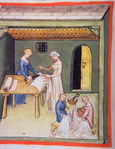 Nova 2644 fol.105v The Tailors Shop：Clothes of Linen、from Tacuinum Sanitatis 作： Italian School