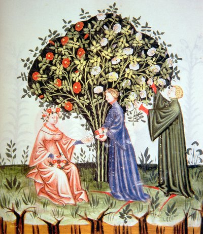 Nova 2644 fol.38r Gathering Roses、Tacuinum Santiatis Codex Vindobonensisのイラスト 作： Italian School