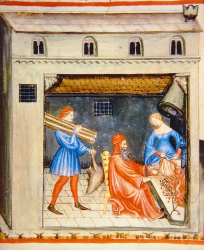 Nova 2644 fol.55r Winter：火の前、Tacuinum Sanitatisから 作： Italian School