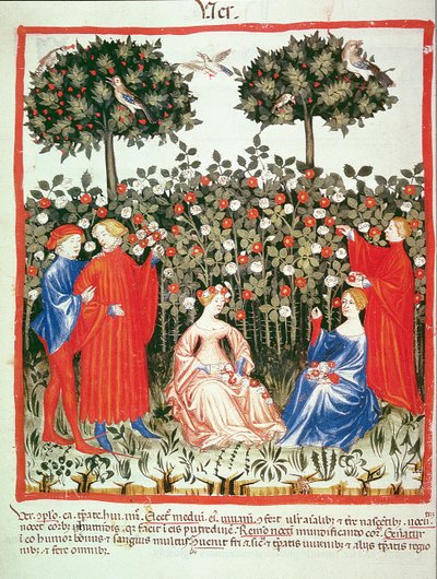Nova 2644 fol.55v春：花の収集、Tacuinum Sanitatisから 作： Italian School