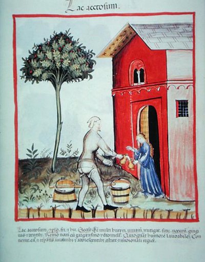 Nova 2644 fol.59v 「Tacuinum Sanitatis」より凝乳の販売 (vellum) 作： Italian School