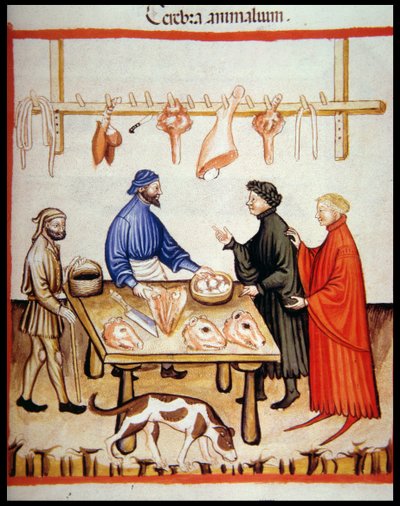Nova 2644 fol.77r肉屋の店、Tacuinum Sanitatis Codex Vindobonensisの脳の販売 作： Italian School