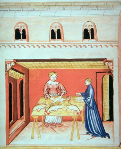 Nova 2644 fol.79v肉屋：睾丸の除去、Tacuinum Sanitatisから 作： Italian School