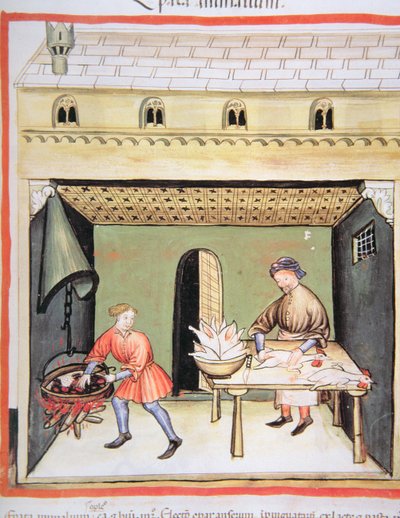 Nova 2644 fol.80r肉屋：肝臓を調理する、Tacuinum Sanitatisから 作： Italian School