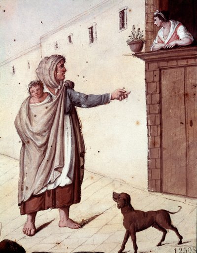 Old Neapolitan metiers: a beggar and her child in the streets of Naples - (ナポリの古い商売：乞食) 19世紀の水彩画 - Naples Museo Nazionale di San Martino 作： Italian School