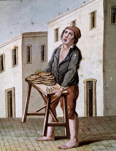 ナポリの古いメティエ：ピザ売り - 19世紀の水彩画 - ナポリ国立サンマルティーノ美術館 作： Italian School