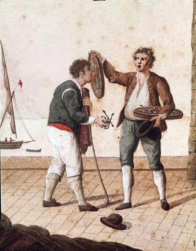 Old Neapolitan metiers: sellers of small snakes - (ナポリの古い商売：草の蛇売り) 19世紀の水彩画 - ナポリ Museo Nazionale di San Martino 作： Italian School