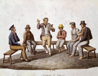 Old Neapolitan metiers: the travelling reader or ballad singer - (ナポリの古い商売：語り部) 19世紀の水彩画 - ナポリ・サンマルティーノ国立博物館 作： Italian School