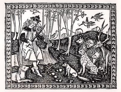 動物と遊ぶオルフェウス、1500（木版画）（bw写真） 作： Italian School