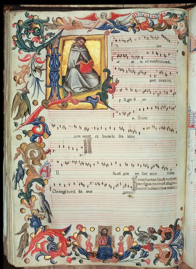 S. Maria degli Angeli (ベラム) のフィレンツェ修道院で作成された、Squarcialupi Codex からの歴史的なイニシャルを含む楽譜のページ 作： Italian School