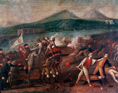 パルテノペーア共和国（またはナポリ共和国）が1799年1月21日に宣言される。サンタ・フェデ軍を率いたファブリツィオ・ディオニジ・ルッフォ・デ・バグナーラ枢機卿（1744-1827）がフランス共和国軍を追ってナポリに到着する。1799年頃の匿名の絵画。ナポリ、ナシオン 作： Italian School