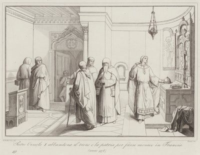 ピョートル・オルソル1世が王位と国を捨ててフランスで修道士になる、978年(彫版) 作： Italian School
