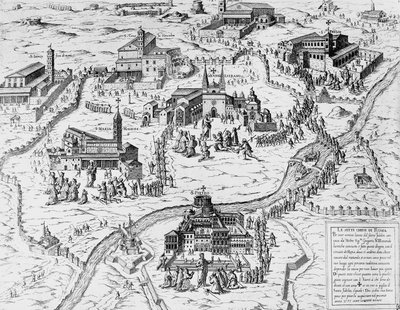 1575年の聖年にローマの7つの教会を訪れた巡礼者たち、イタリア、エングレービング 作： Italian School