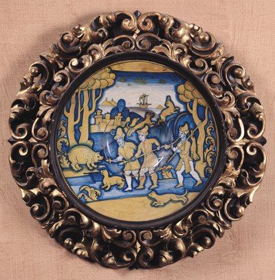 狩猟シーンで飾られたプレート、Deruta Workshop、c.1540-45（maiolica） 作： Italian School