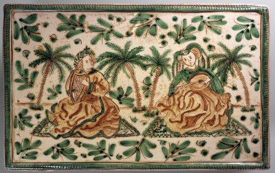 ヤシの木立の中の音楽家が描かれたプレート、フリードリヒ2世の時代をイメージした装飾、陶磁器、30cm、イタリア、シチリア、カルタジローネ、アレッシィ社製、20世紀 作： イタリア語学校