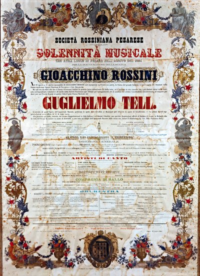 ジョアキーノ・ロッシーニのオペラ「ギョーム・テル」のプレイビル、1864年頃（カラーリトグラフ 作： Italian School
