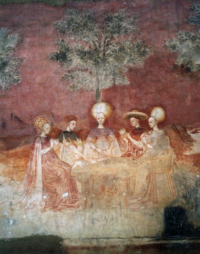 タロット カードで遊ぶ、ゲーム サイクルのシーン、1445 ～ 1450 年頃、フレスコ画、ボロメオ宮殿、ミラノ、ロンバルディア州、イタリア 作： Italian School