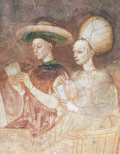 タロット カードで遊ぶ、ゲーム サイクルのシーン、ca 1445-1450、フレスコ画、パラッツォ ボロメオ、ミラノ、ロンバルディア州、詳細、イタリア 作： Italian School