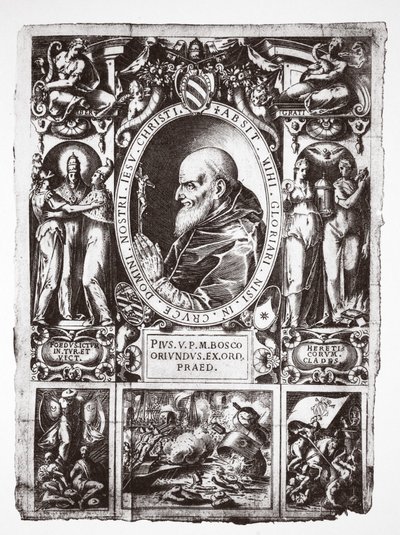 教皇ピウス5世、レパントの戦いのビネット、Vita del Gloriosissimo Papa Pio Quinto（パブ）から。 1586年 作： Italian School