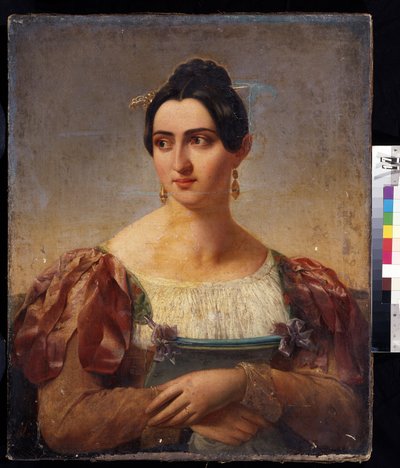 ""Portrait of a Woman"" (女性の肖像) イタリアの貴族の若い女性で、肩にリボンが付いたドレスを着ています。 19世紀初頭のイタリア派の絵画。 プーシキン美術館、モスクワ 作： Italian School