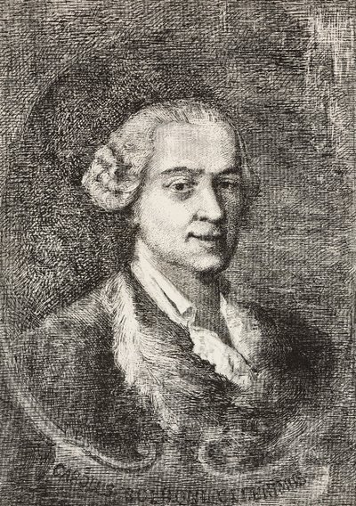 カルロ・ゴルドーニ（1707-1793）の肖像、イタリアの劇作家、ジャンバッティスタ・ピアゼッタの絵画とE・キシメネスのデッサンからマルコ・ピッテリが彫ったもの、『L