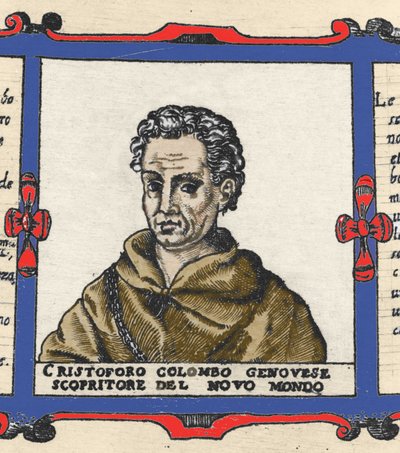 クリストファー・コロンブス（1451-1506）の肖像、「ウルバノ・モンテの地図」の細部 作： Italian School