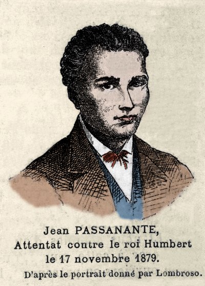 チェーザレ・ロンブローゾ（1835-1909）が描いた肖像画をもとに、1878年にナポリでイタリア国王ウンベルト1世（ハンバート1世）への襲撃を実行したジョヴァンニ・パッサナンテ（1849-1910）の肖像。この出来事に触発された詩人のジョヴァンニ・パスコリ（1855-1912）が 作： Italian School