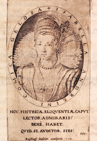Retrato da atriz italiana Andreina Isabella Canali (1562-1604), página de título de suas cartas 作： Italian School