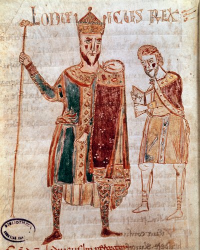 フランス王ルイ1世（778-840）の肖像 原稿ページ（ms.4） ロタリ王が設立したロンバルド王国の法律を記した「Codex Legum Longobardorum」（またはLangobardorum）。 作： Italian School