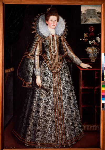 フィレンツェ貴族の女性の肖像 Derriere her a representation of the Pitti Palace, she is dressed in richly paree dress and strawberry collar in a charette wheel (Portrait of a florentine lady with a cartwheel ruff and a richly adorned dr 作： Italian School