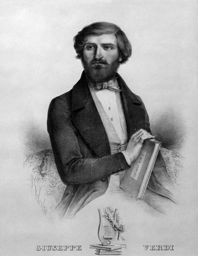 イタリアの作曲家ジュゼッペ・ヴェルディ（1813〜1901）が1844年にオペラ「I due foscari」のスコアを持って撮影した肖像画。 作： Italian School