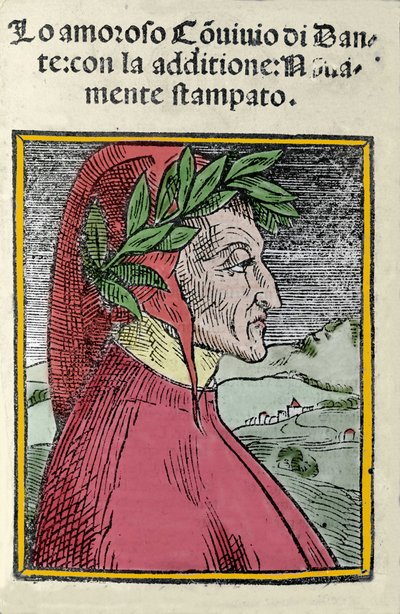 イタリアの詩人ダンテ・アリギエーリ（1265-1321）の肖像。エングレーヴィング。1554年の "Il convivio "の正面図 作： Italian School
