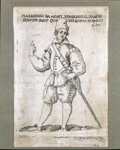 ナポリの漁師で革命家のマサニエッロ（1623-1647）の肖像（マサニエッロの肖像、ナポリの漁師で1647年にナポリでハプスブルグの支配に反抗した反乱の指導者）。17世紀のエングレーヴィング Museo Nazionale di San Martino Naple 作： Italian School