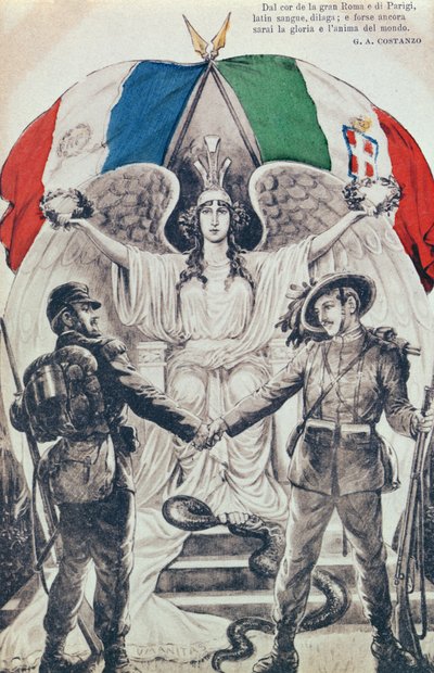 第一次世界大戦中のフランスとイタリアの同盟を祝うポストカード 作： イタリア語学校