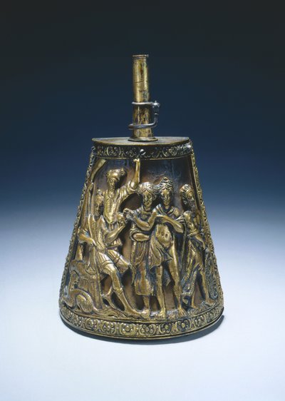 火薬入れ、1590年頃（布張りの木材に真ちゅうを金メッキ） 作： Italian School