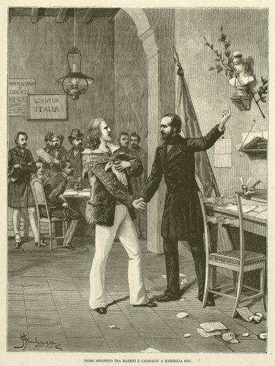 1833年、マルセイユでのマッツィーニとガリバルディの最初の出会い（エングレービング 作： Italian School